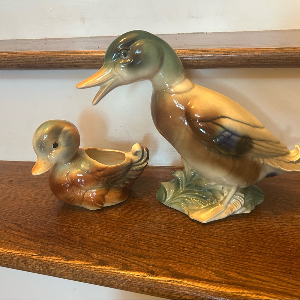 Ceramic Duck Figurine Set - Brown and Green